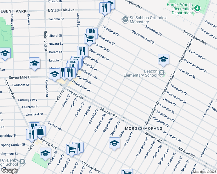 map of restaurants, bars, coffee shops, grocery stores, and more near 18948 Washtenaw Street in Harper Woods