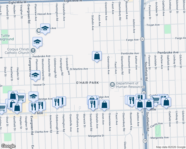 map of restaurants, bars, coffee shops, grocery stores, and more near 19471 Stahelin Avenue in Detroit