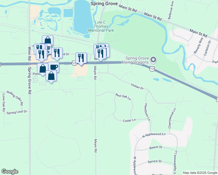 map of restaurants, bars, coffee shops, grocery stores, and more near 1888 Red Oak Lane in Spring Grove