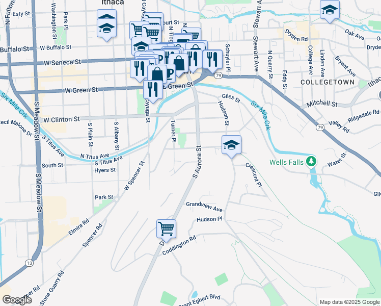 map of restaurants, bars, coffee shops, grocery stores, and more near 319 Hillview Place in Ithaca