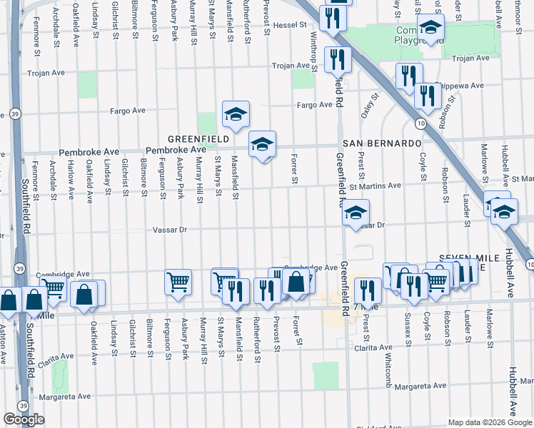map of restaurants, bars, coffee shops, grocery stores, and more near 19466 Rutherford Street in Detroit