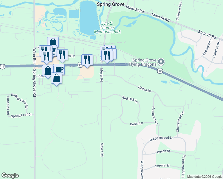 map of restaurants, bars, coffee shops, grocery stores, and more near 1888 Red Oak Lane in Spring Grove