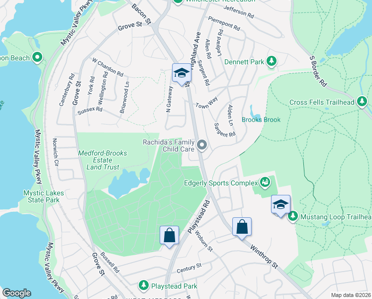 map of restaurants, bars, coffee shops, grocery stores, and more near 32 Robinson Road in Medford