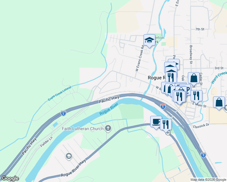 map of restaurants, bars, coffee shops, grocery stores, and more near 220 Westbrook Drive in Rogue River