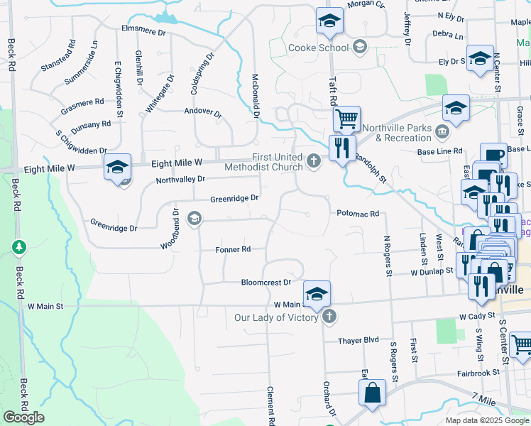 map of restaurants, bars, coffee shops, grocery stores, and more near 45875 Greenridge Drive in Northville