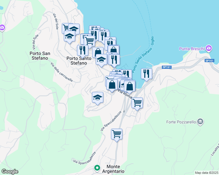 map of restaurants, bars, coffee shops, grocery stores, and more near 43 Via Panoramica in Porto Santo Stefano
