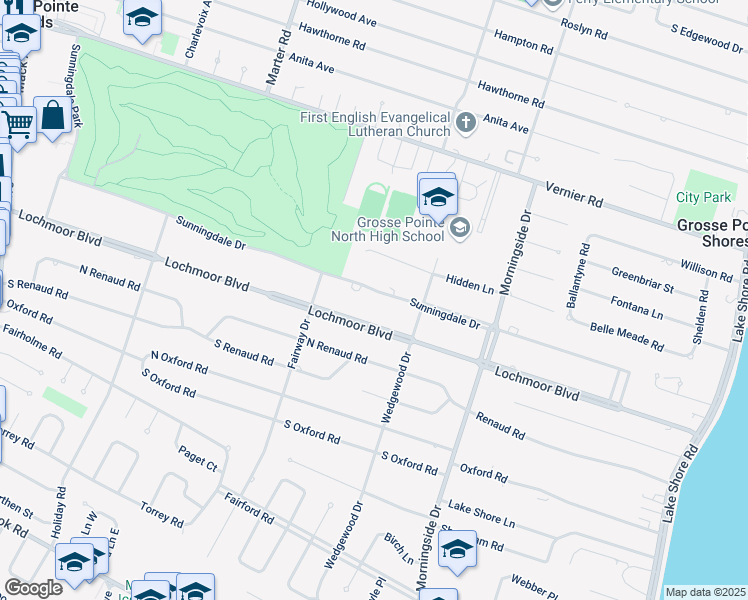 map of restaurants, bars, coffee shops, grocery stores, and more near 880 Sunningdale Drive in Grosse Pointe Woods