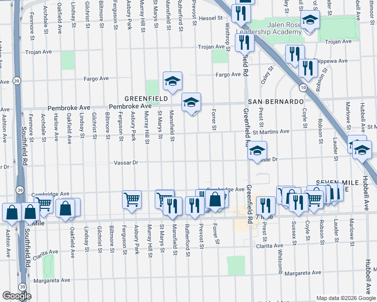 map of restaurants, bars, coffee shops, grocery stores, and more near 19466 Rutherford Street in Detroit