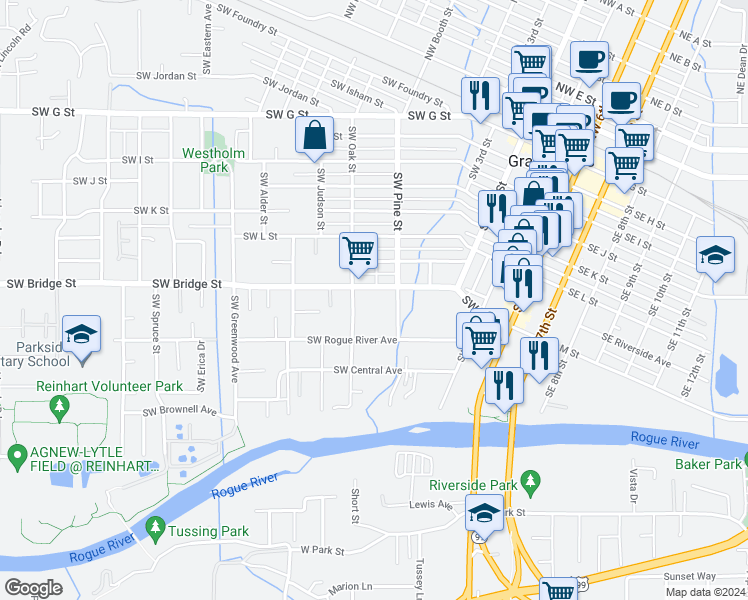map of restaurants, bars, coffee shops, grocery stores, and more near 727 Southwest Bridge Street in Grants Pass