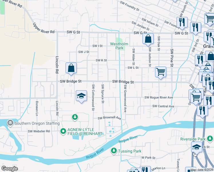 map of restaurants, bars, coffee shops, grocery stores, and more near 1467 Southwest Bridge Street in Grants Pass