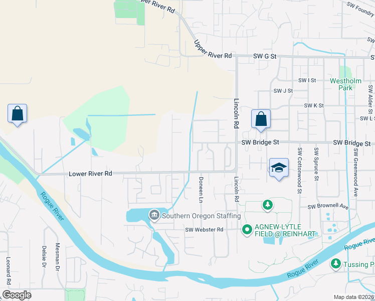 map of restaurants, bars, coffee shops, grocery stores, and more near 621 Roguelea Lane in Grants Pass