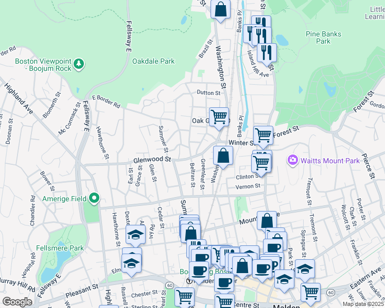 map of restaurants, bars, coffee shops, grocery stores, and more near in Malden