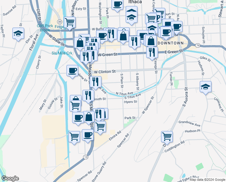 map of restaurants, bars, coffee shops, grocery stores, and more near 414 North Titus Avenue in Ithaca