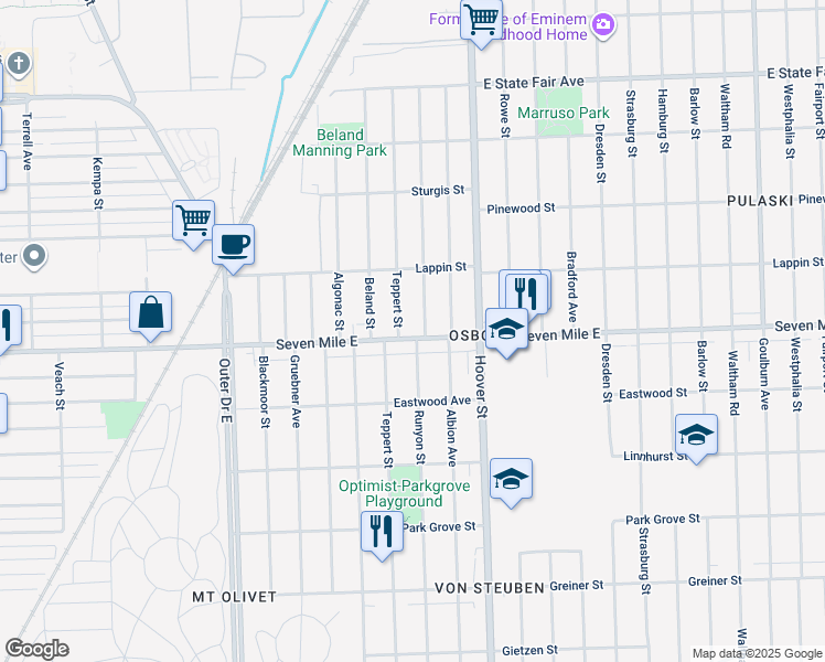 map of restaurants, bars, coffee shops, grocery stores, and more near 19137 Runyon Street in Detroit