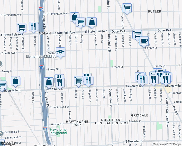 map of restaurants, bars, coffee shops, grocery stores, and more near 19248 Riopelle Street in Highland Park
