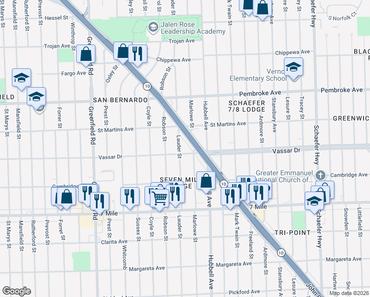 map of restaurants, bars, coffee shops, grocery stores, and more near 19449 James Couzens Freeway in Detroit