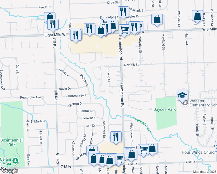 map of restaurants, bars, coffee shops, grocery stores, and more near 20025 Irving Drive in Livonia