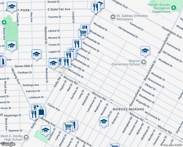 map of restaurants, bars, coffee shops, grocery stores, and more near 18811 Kingsville Street in Harper Woods