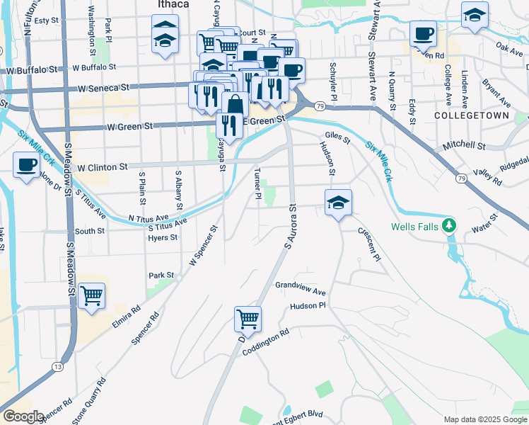 map of restaurants, bars, coffee shops, grocery stores, and more near 203 South Hill Terrace in Ithaca