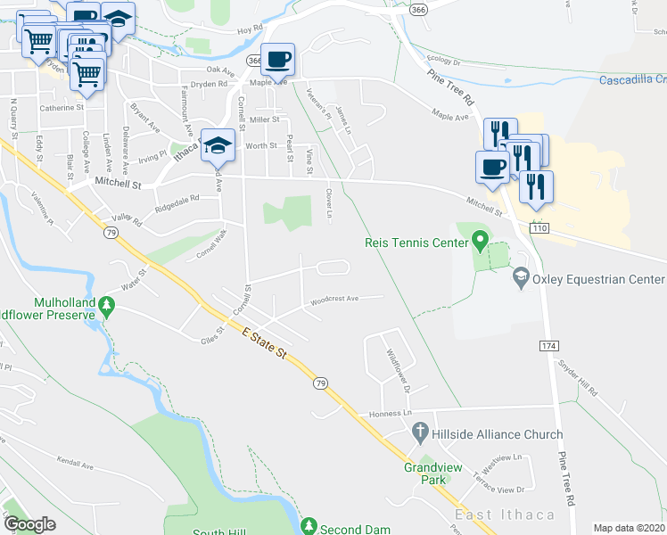 map of restaurants, bars, coffee shops, grocery stores, and more near 103 Homestead Circle in Ithaca