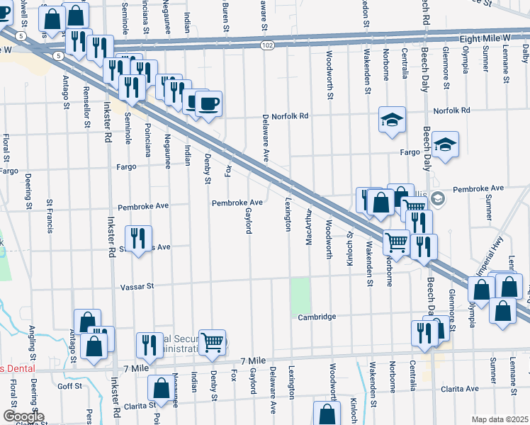 map of restaurants, bars, coffee shops, grocery stores, and more near 26605 Pembroke Avenue in Redford Charter Township