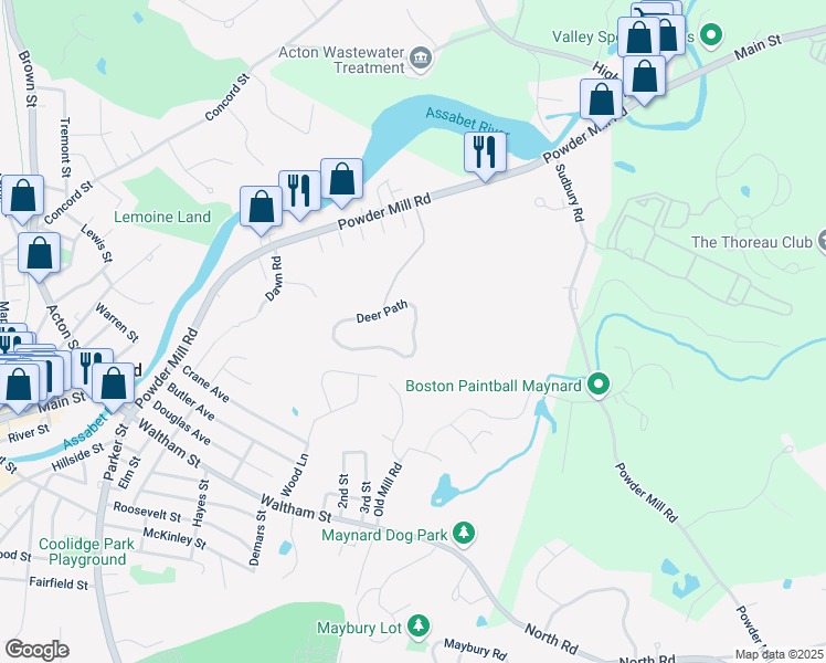 map of restaurants, bars, coffee shops, grocery stores, and more near 21 Deer Path in Maynard