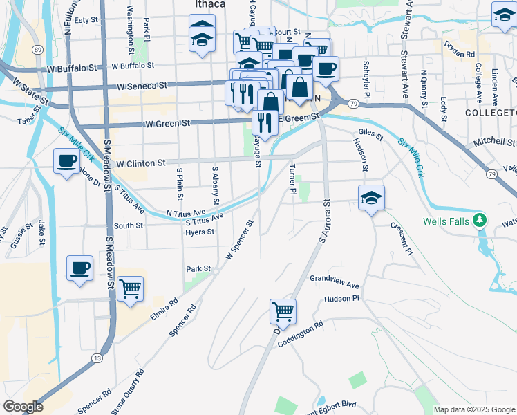 map of restaurants, bars, coffee shops, grocery stores, and more near South Cayuga Street & West Spencer Street in Ithaca