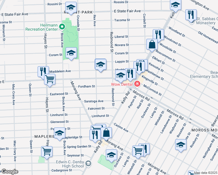 map of restaurants, bars, coffee shops, grocery stores, and more near 15894 Fordham Street in Detroit