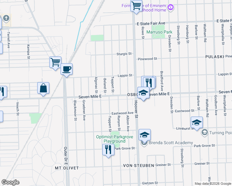 map of restaurants, bars, coffee shops, grocery stores, and more near 11371 Seven Mile East in Detroit