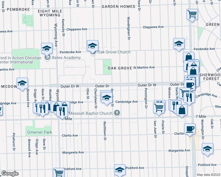 map of restaurants, bars, coffee shops, grocery stores, and more near in Detroit