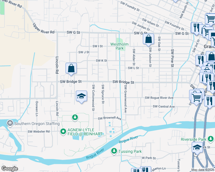 map of restaurants, bars, coffee shops, grocery stores, and more near 1467 Southwest Bridge Street in Grants Pass