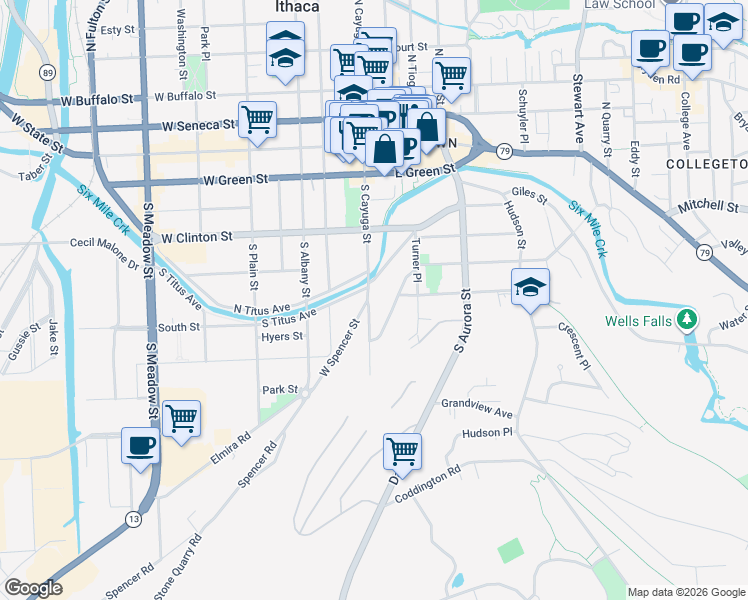 map of restaurants, bars, coffee shops, grocery stores, and more near 119 South Cayuga Street in Ithaca