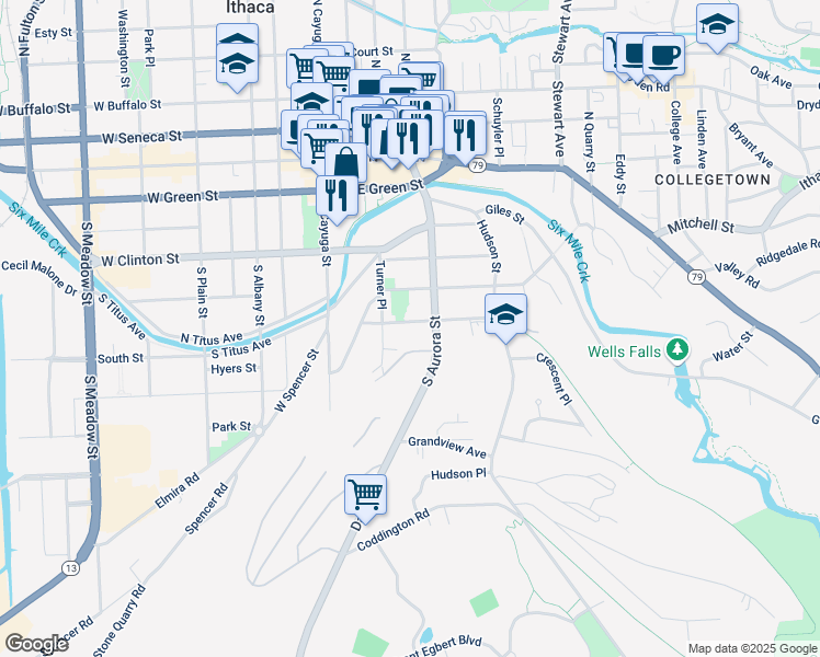map of restaurants, bars, coffee shops, grocery stores, and more near 315 Hillview Place in Ithaca
