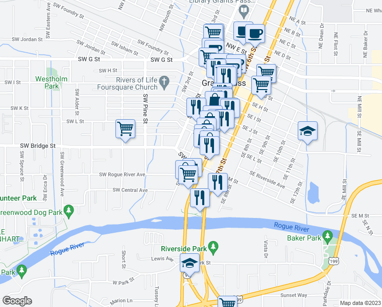 map of restaurants, bars, coffee shops, grocery stores, and more near SW Bridge St & SW 5th St in Grants Pass