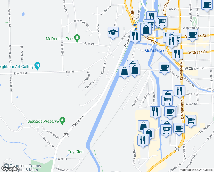 map of restaurants, bars, coffee shops, grocery stores, and more near 352 Floral Avenue in Ithaca