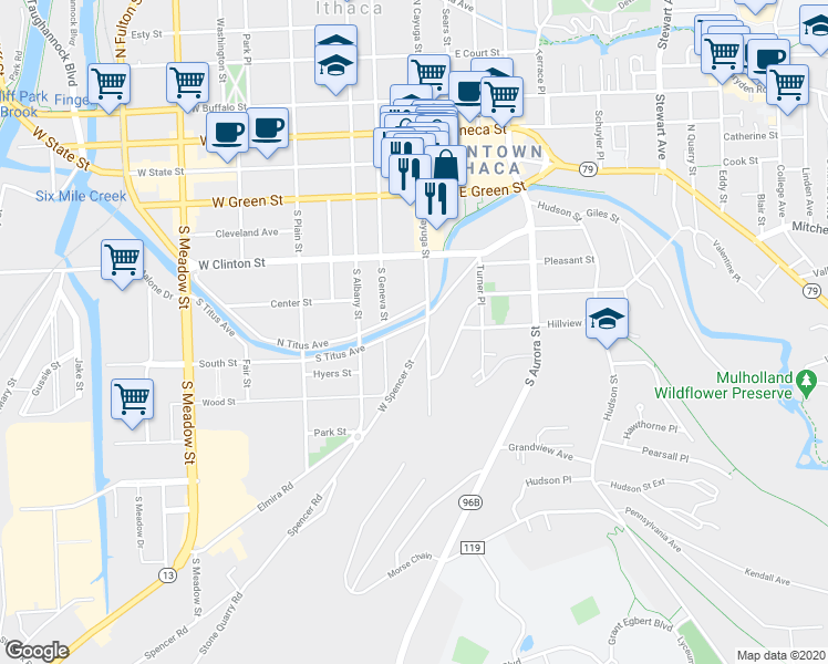 map of restaurants, bars, coffee shops, grocery stores, and more near 109 South Titus Avenue in Ithaca