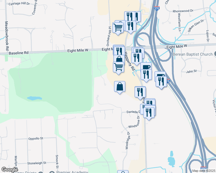 map of restaurants, bars, coffee shops, grocery stores, and more near 20218 Beacon Way in Northville