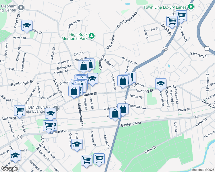map of restaurants, bars, coffee shops, grocery stores, and more near 29 Dodge Street in Malden