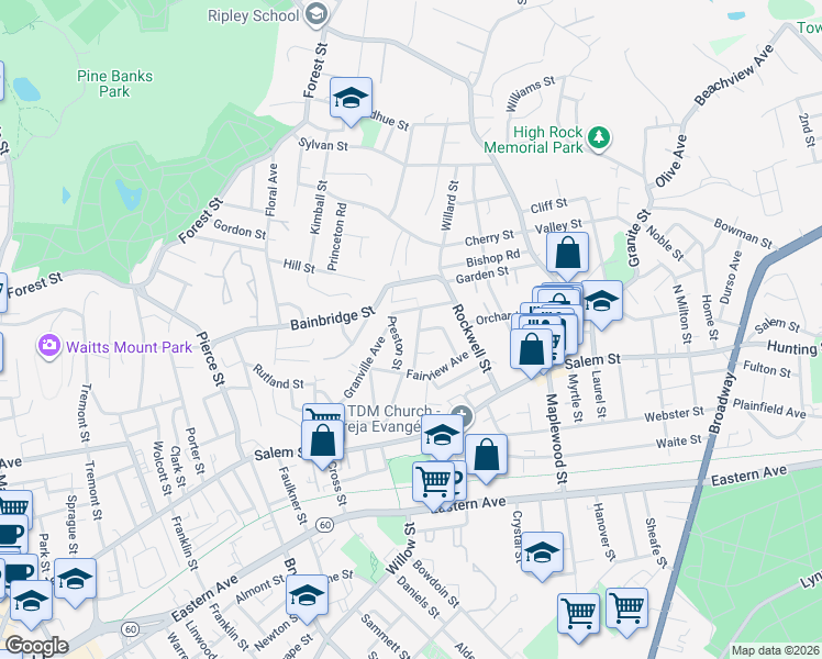 map of restaurants, bars, coffee shops, grocery stores, and more near 60 Havelock Street in Malden