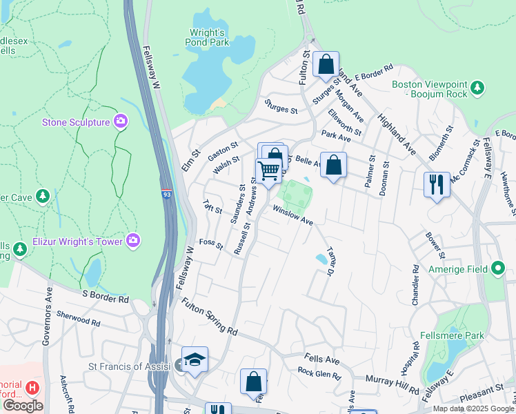 map of restaurants, bars, coffee shops, grocery stores, and more near 39 Andrews Street in Medford
