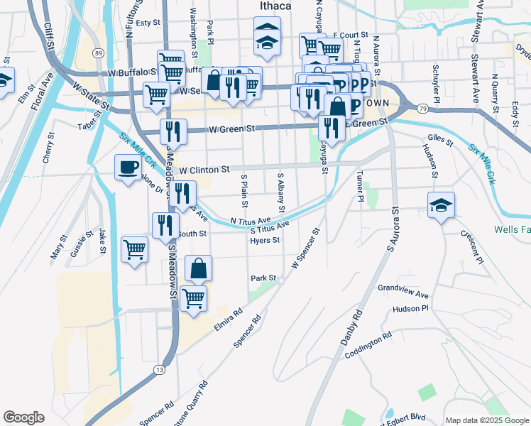 map of restaurants, bars, coffee shops, grocery stores, and more near 513 South Plain Street in Ithaca