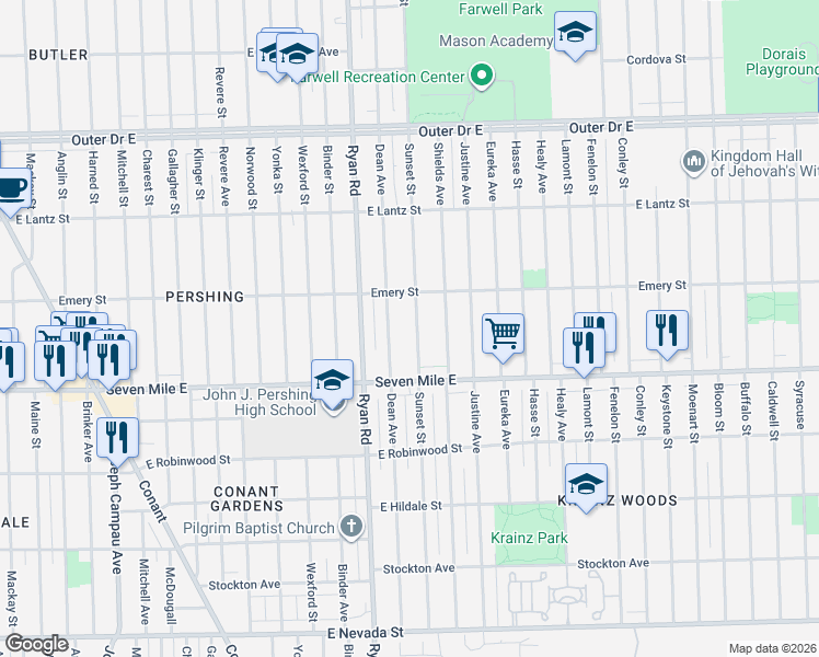 map of restaurants, bars, coffee shops, grocery stores, and more near 19227 Sunset Street in Detroit