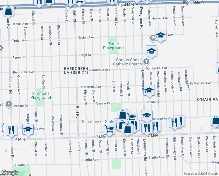 map of restaurants, bars, coffee shops, grocery stores, and more near 19700 Fielding Street in Detroit
