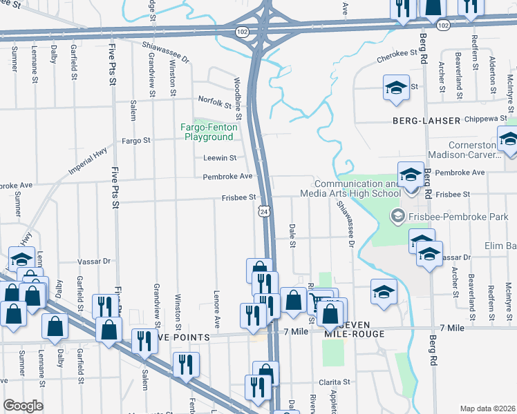 map of restaurants, bars, coffee shops, grocery stores, and more near 19534 Woodbine Street in Detroit