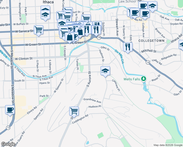 map of restaurants, bars, coffee shops, grocery stores, and more near 601 South Aurora Street in Ithaca