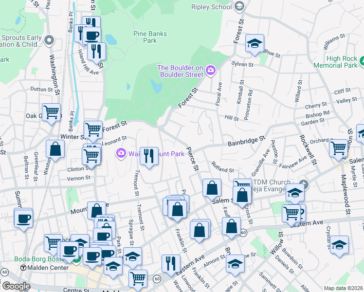 map of restaurants, bars, coffee shops, grocery stores, and more near 40 Oakland Road in Malden
