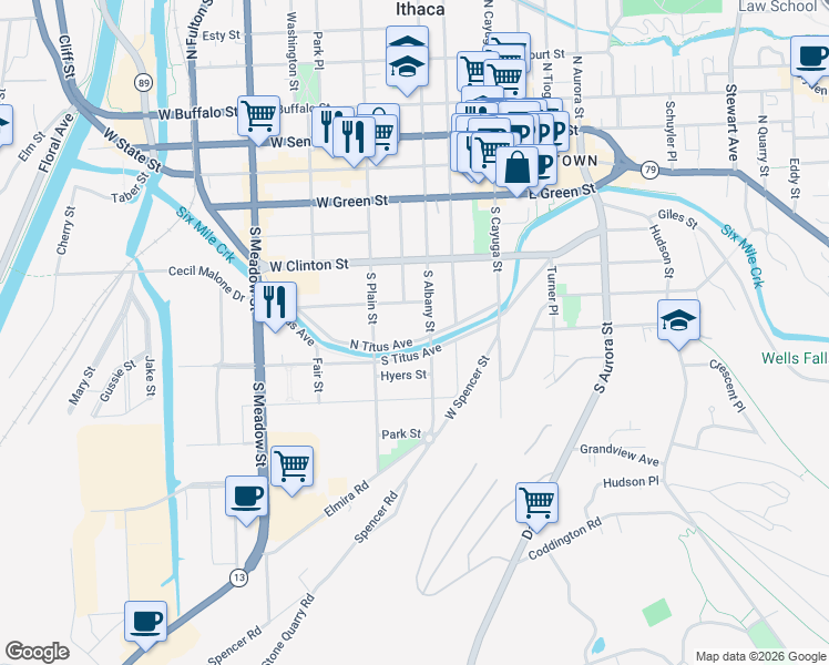 map of restaurants, bars, coffee shops, grocery stores, and more near 408 South Albany Street in Ithaca