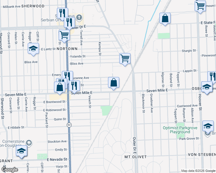 map of restaurants, bars, coffee shops, grocery stores, and more near 8307 House Street in Detroit