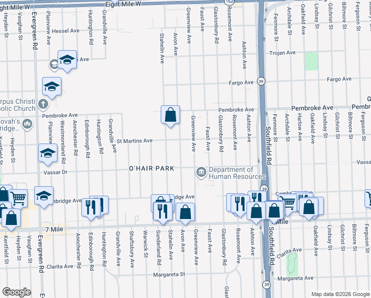 map of restaurants, bars, coffee shops, grocery stores, and more near 19501 Greenview Avenue in Detroit