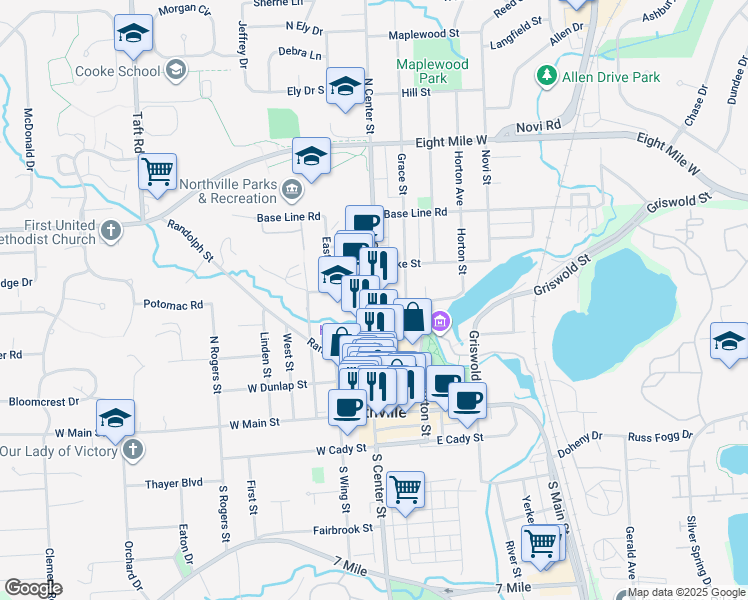 map of restaurants, bars, coffee shops, grocery stores, and more near 443 Grace Street in Northville